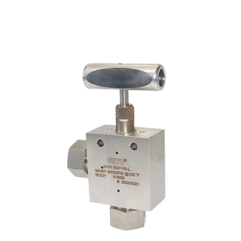 Amazon BISS needle valve for medium/high pressure hydrogen with chrome-plated body and T-handle, front view