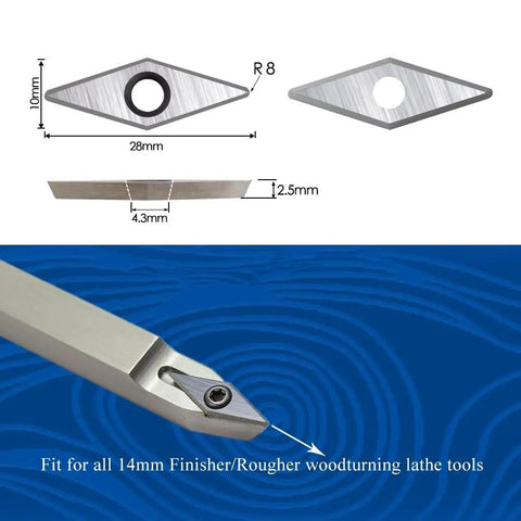 Five Pc Top Shelf Diamond Carbide Woodturning Inserts 28 X 10 Mm Negative Rake Blade Set, detailed view of diamond blade dimensions.