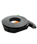 Bulletproof Motorized Rotary Stage With Smooth Operator Drive And High End Optical Worm Gear Scale For Zero Hassle Step Move Benchtop Layouts And Alignment, black rotary platform with central opening.