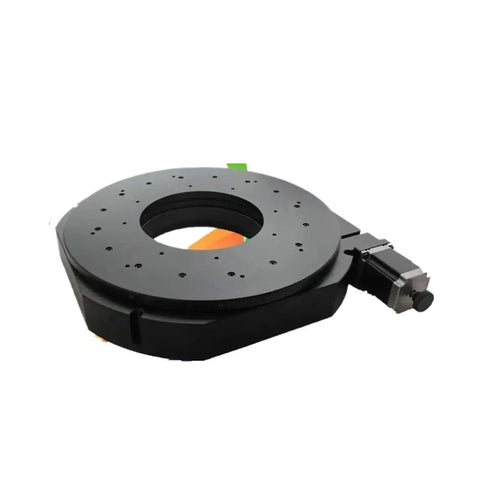 Bulletproof Motorized Rotary Stage With Smooth Operator Drive And High End Optical Worm Gear Scale For Zero Hassle Step Move Benchtop Layouts And Alignment, black rotary platform with central opening.