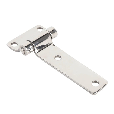 T-shaped stainless steel door hinge, side view with mounting holes.