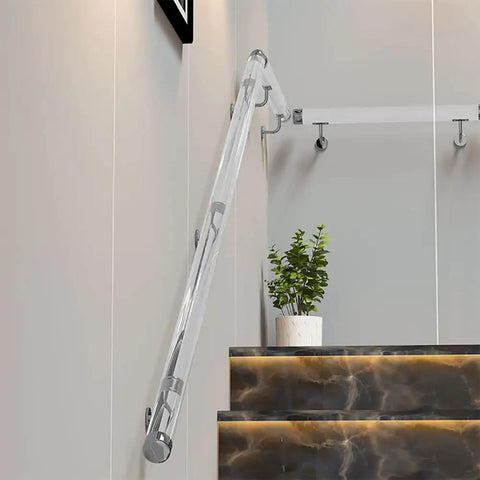 Rock Solid Clear Acrylic Handrail Kit For Interior Stairs And Residential Entryways Featuring Non Slip Wall Grab Bar with heavy duty brackets.