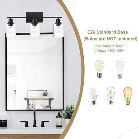 Three Light Matte Black Bathroom Vanity Light With Clear Glass Shades Anti Rust Modern Wall Lamp above bathroom mirror