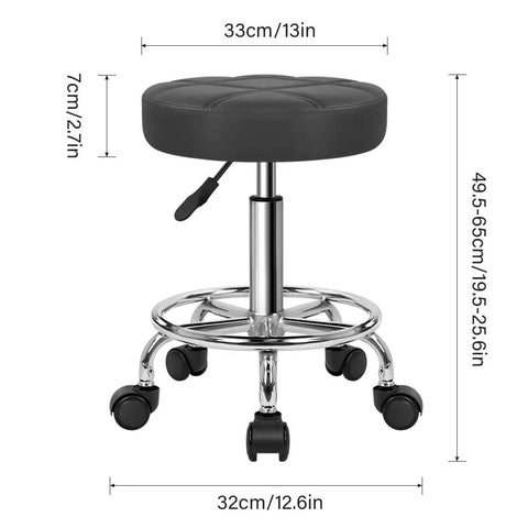 Round Rolling Stool with Footrest and PU Leather Seat Adjustable 360 Degree Swivel Wheels Office Chair 19.5 to 25.6 Inch Height