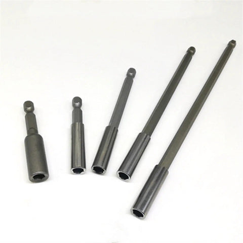 Premium Collet Chuck Holder Set With Hex Rod Shank For Lathes And Drill Beds Boosts Machining Precision On 60mm 100mm 150mm Or 200mm Bars Great For Shop Pros, showing five metal hex rod shanks of varying lengths.