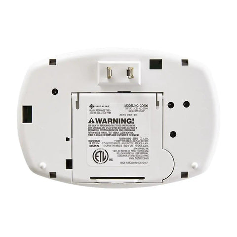Back view of Plug In Carbon Monoxide Alarm With Battery Backup, Electrochemical Sensor, 85 Decibel Alarm, Easy Test And Silence Button