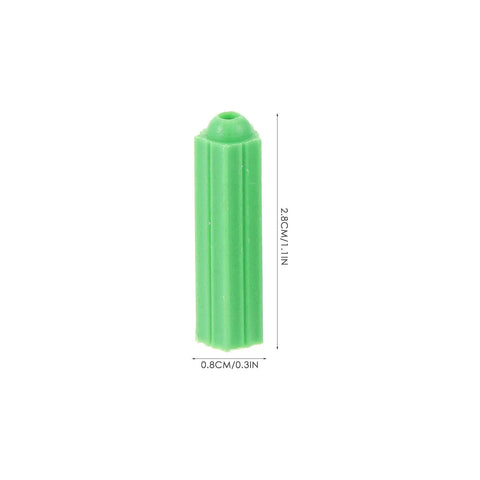Green Plastic Drywall Anchor Kit With Self Tapping Screws for gypsum wallboard, size 2.8 cm x 0.8 cm, shown in detail.