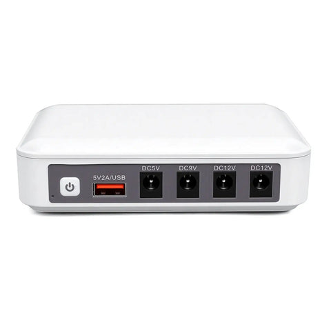 Portable Mini Ups Boasting Hella Reliable 6000Mah Backup Power For Seamless Router Modem And Security Camera Operation, back view with multiple outputs.
