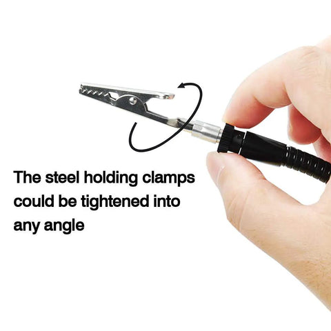 Close-up of Heavy Duty Soldering Helping Hands Station steel holding clamp with flexible gooseneck arm showing adjustable angle.