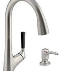 Malleco Pull Down Kitchen Faucet With Soap Dispenser, Vibrant Stainless Finish, Two Function Sprayhead, Ceramic Disc Valve visible