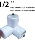 One Half Inch PVC Tee Fitting 3 Way Elbow Connector Furniture Grade 90 Degree Side Outlet shown with dimensions labeled