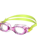 Sick Anti Fog Swim Goggles For Kids Boasting A Dope Bright Pink Frame Plus Knockout Leak Proof Seals And UV Blockers Designed For Epic Weekend Splash Sessions with yellow strap.