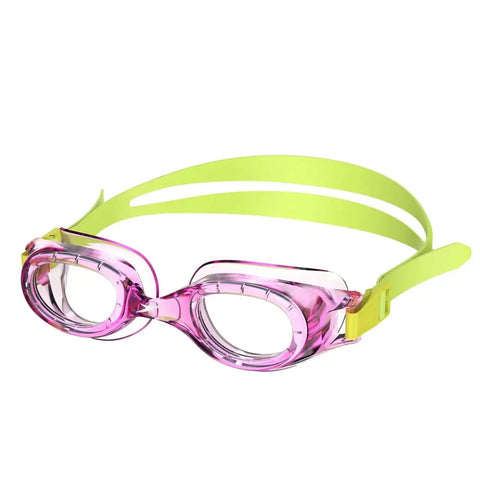 Sick Anti Fog Swim Goggles For Kids Boasting A Dope Bright Pink Frame Plus Knockout Leak Proof Seals And UV Blockers Designed For Epic Weekend Splash Sessions with yellow strap.