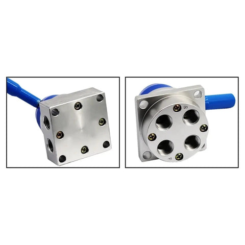 Super Cool 1/4 Inch Pneumatic Hand Valve Thread K34R6 Series Manual Control with three position four way setup shown from two angles.