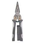 Heavy Duty Eight In One Wire Stripper Pliers With Built In Voltage Tester And Quick Grip Cable Cutter, stainless steel, compact size.