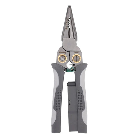 Heavy Duty Eight In One Wire Stripper Pliers With Built In Voltage Tester And Quick Grip Cable Cutter, stainless steel, compact size.