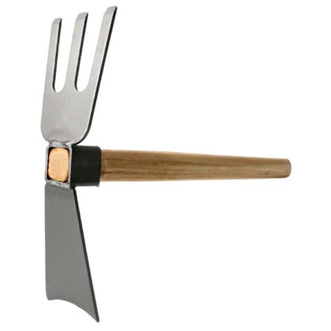2 In 1 Digging Hoe And 3 Prong Fork All In One Garden Tool With Wooden Handle Carbon Steel Blade Head For Weeding And Soil Loosening