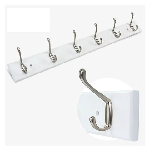Wall Mount Wooden Coat Hooks And Rails With Zinc Alloy Entryway Organizer showing six hooks and a metal bracket for coats and bags.