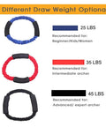 Image showing an Archery Bow Trainer Band For Draw Resistance And Strength Training, Adjustable 25 to 45 lbs, in blue, red, and black versions.