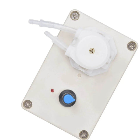 Top view of Industrial Grade Peristaltic Dosing Pump With Adjustable Flow For Aquarium, Lab And Analytical Use, showing control knob and fittings