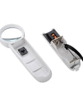 15X Handheld Magnifier With Dual LED Lights Loupe For Jewelry Inspection Coin Collecting Map Reading And Stamp Evaluation Portable Optical Magnifier For Ultra Fine Details In Low Light Even In Tiny Print, disassembled view showing battery compartment.