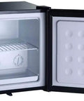 Knockout Performance Stainless Steel Upright Freezer With 1.1 Cubic Feet Storage, open door showing removable rack and adjustable dial.
