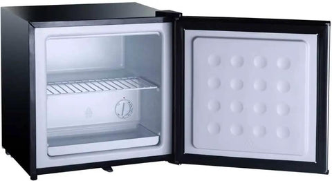 Knockout Performance Stainless Steel Upright Freezer With 1.1 Cubic Feet Storage, open door showing removable rack and adjustable dial.