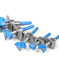 Five Piece Carbide Tipped Forstner Drill Bit Set With Hex Shank And Adjustable Sizing For Sweet Woodworking Crushes Through Hardwood Softwood Plastic And Plywood No Sweat On Any Project - Assorted sizes and carbide tips.