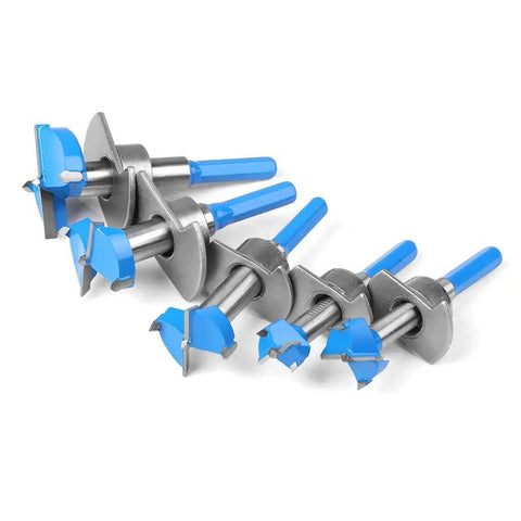 Five Piece Carbide Tipped Forstner Drill Bit Set With Hex Shank And Adjustable Sizing For Sweet Woodworking Crushes Through Hardwood Softwood Plastic And Plywood No Sweat On Any Project - Assorted sizes and carbide tips.