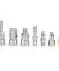 Solid 18-Piece 1/4 Inch Air Compressor Quick Connect Hose Fitting Set With Pneumatic Iron Arrow Case, Double Male And Female Adapters For All Your Air Tools And Hose Extensions. 1/4 inch metal air hose connectors and adapters in silver and brass
