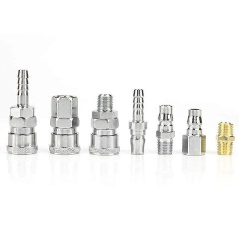 Solid 18-Piece 1/4 Inch Air Compressor Quick Connect Hose Fitting Set With Pneumatic Iron Arrow Case, Double Male And Female Adapters For All Your Air Tools And Hose Extensions. 1/4 inch metal air hose connectors and adapters in silver and brass