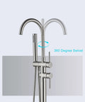 Floor Mounted Freestanding Tub Filler Faucet With Handheld Shower In Brushed Nickel Finish Stainless Steel Bathroom Tap featuring 360 Degree Swivel