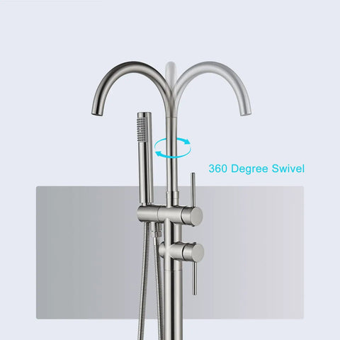 Floor Mounted Freestanding Tub Filler Faucet With Handheld Shower In Brushed Nickel Finish Stainless Steel Bathroom Tap featuring 360 Degree Swivel