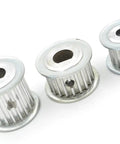 50 Pack Aluminum Alloy 18 Tooth GT2 HTD 3M Timing Pulley With Hex Setscrew, three pulleys of varying sizes.