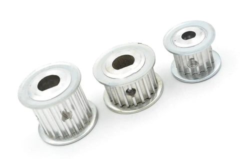 50 Pack Aluminum Alloy 18 Tooth GT2 HTD 3M Timing Pulley With Hex Setscrew, three pulleys of varying sizes.