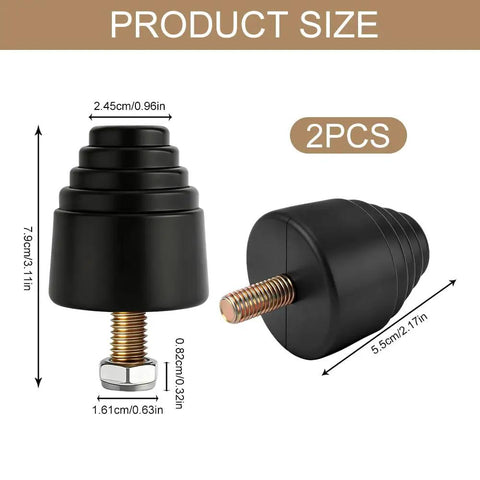 Two Pack Suspension Bump Stops For Rear Leaf Springs, Heavy Duty Rubber Bumpers, showing dimensions and threaded bolts