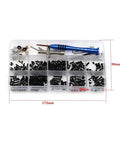 Thinking Process: clear plastic RC car screw box kit with blue tool, 172x98x28mm, black screws and parts