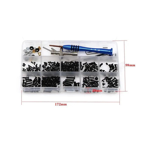 Thinking Process: clear plastic RC car screw box kit with blue tool, 172x98x28mm, black screws and parts