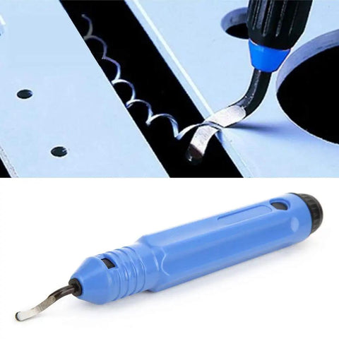 Heavy Duty Deburring Tool Kit For 3D Printers With Durable Alloy Construction And Ergonomic Grip showing curved cutter in use.
