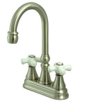 Brushed nickel two-handle bar faucet with curved spout and cross handles on a base, suitable for kitchen or bar sinks.