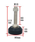 Eight Piece Heavy Duty Adjustable Furniture Leveling Feet With Three Inch Diameter Bases shown with M16 thread and dimensions.