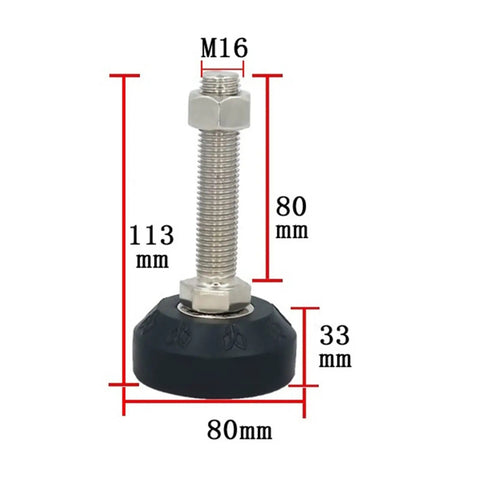 Eight Piece Heavy Duty Adjustable Furniture Leveling Feet With Three Inch Diameter Bases shown with M16 thread and dimensions.
