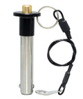Badass Marine Grade Stainless Steel Ball Lock Quick Release Pin With Smooth Button Push Built As A Heavy Hitter For Precision Locating Indexing And Setup Work, showing stainless steel and black details.