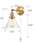 Industrial Brass Swing Arm Wall Sconces Two Pack For Headboard Bedroom And Bathroom Hardwired Or Plug In Glass Clear Lamps detail