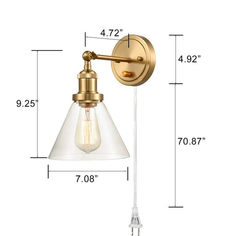 Industrial Brass Swing Arm Wall Sconces Two Pack For Headboard Bedroom And Bathroom Hardwired Or Plug In Glass Clear Lamps detail