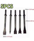 Five Piece Pneumatic Air Hammer Chisel Bit Set With 6.88 Inch Bits, 10mm Round Shank, Includes Five Shapes For Demolition, Paving, And Metalwork