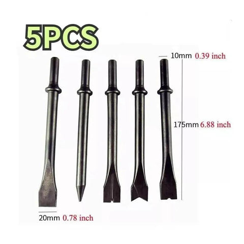 Five Piece Pneumatic Air Hammer Chisel Bit Set With 6.88 Inch Bits, 10mm Round Shank, Includes Five Shapes For Demolition, Paving, And Metalwork