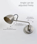 Swing Arm Wall Sconce With Touch Control Dimmable 10 To 100 Percent And 3 Color Temperatures 3000K 4500K 6000K Aluminum Brushed Nickel LED Reading Wall Lamp Hard Wired For Living Room And Bedroom showing adjustable angles.