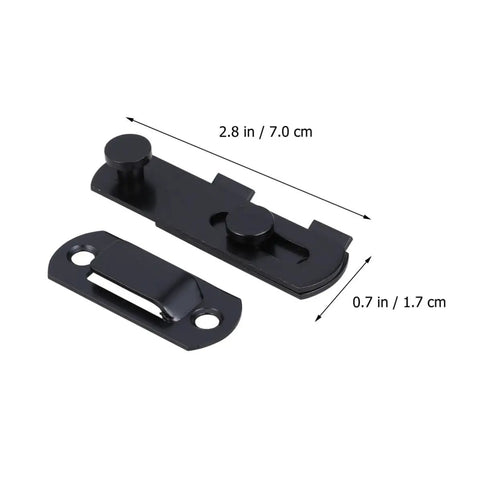 2pcs Stainless Steel Door Hasp Latch, Rust Proof Gate Lock with Screws, black finish, detailed view of latch components with dimensions.