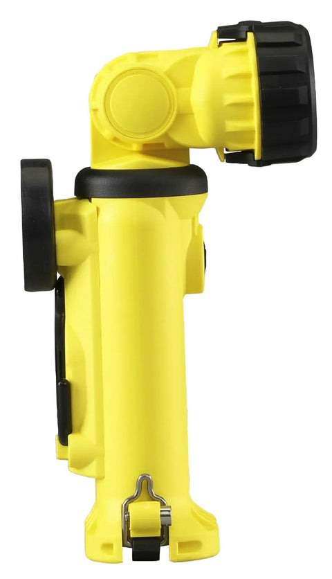 Side view of yellow Knucklehead Spotlight with black head, rugged housing, articulating head, and clip for hands-free use.